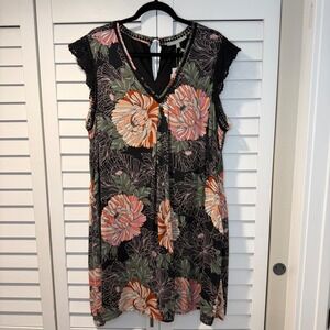 Daniel Rainn Floral Crochet Trim Mini Dress Pockets Black Peach XL Rayon New